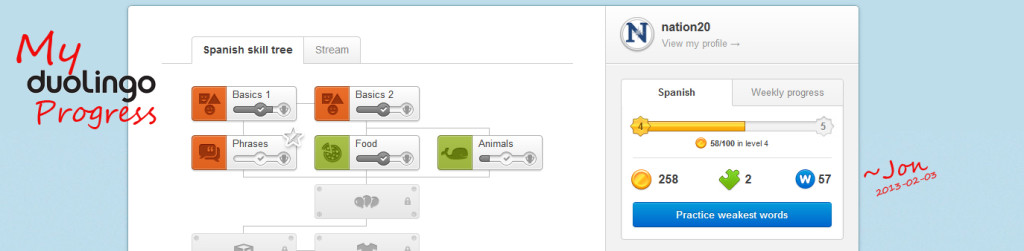Spanish Update 2013-02 My Duolingo Progress